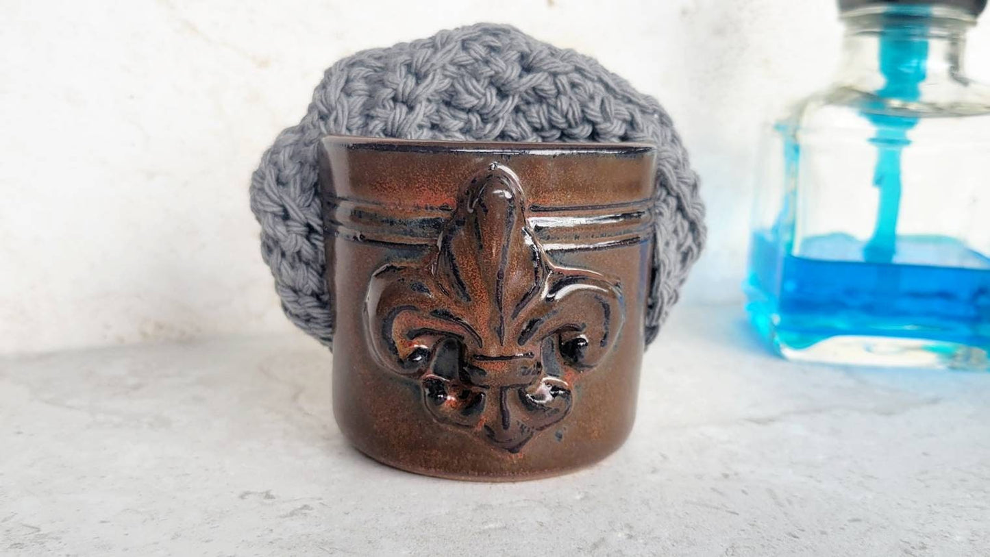 Fleur De Lis Sponge Holder Handmade Ceramic Pottery Rust Red Brown Glaze