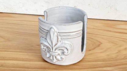 Fleur De Lis Sponge Holder Handmade Ceramic Pottery Stripes White Glaze