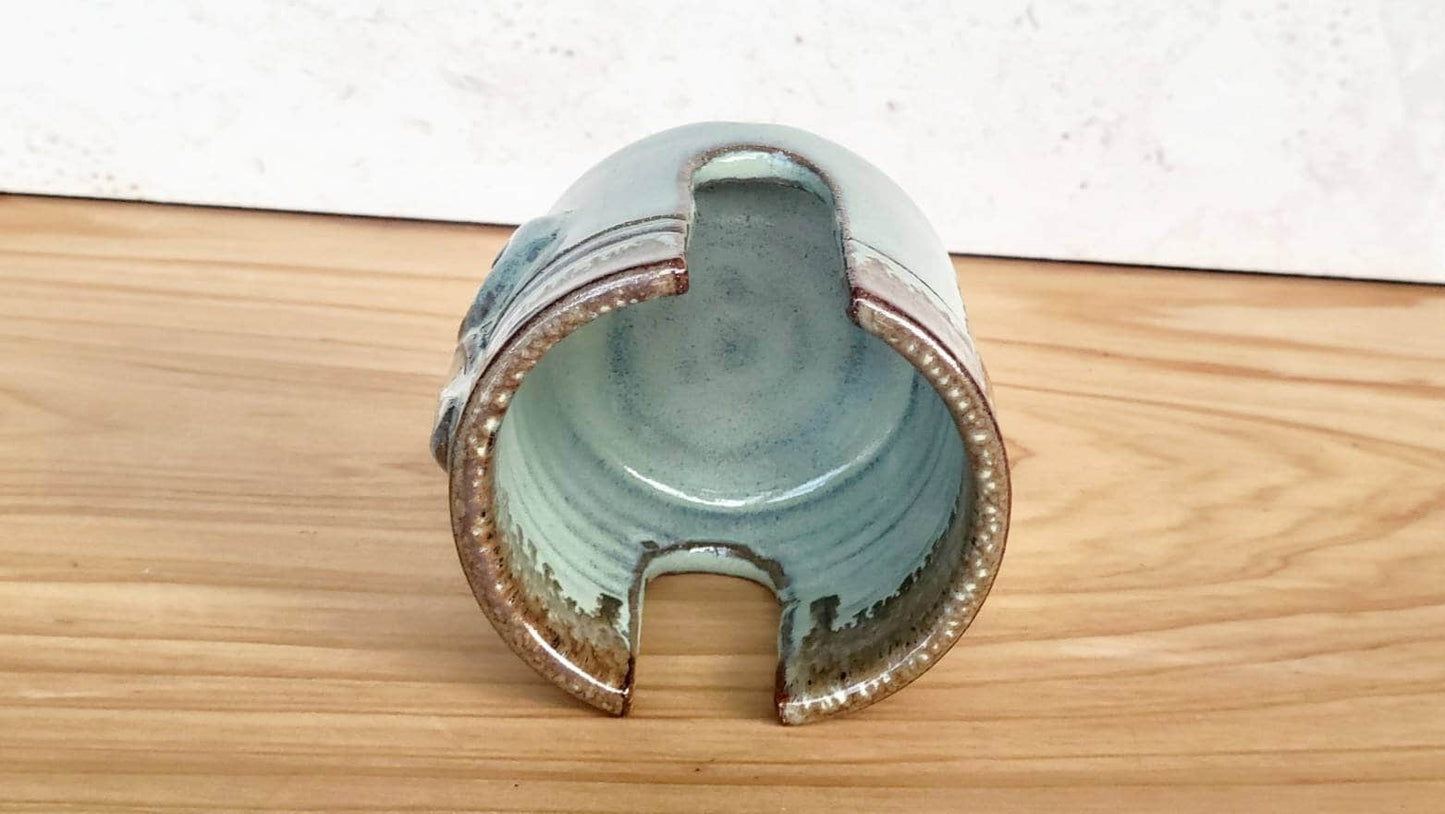 Fleur De Lis Sponge Holder Handmade Ceramic Pottery Stripes Green Bronze Glaze