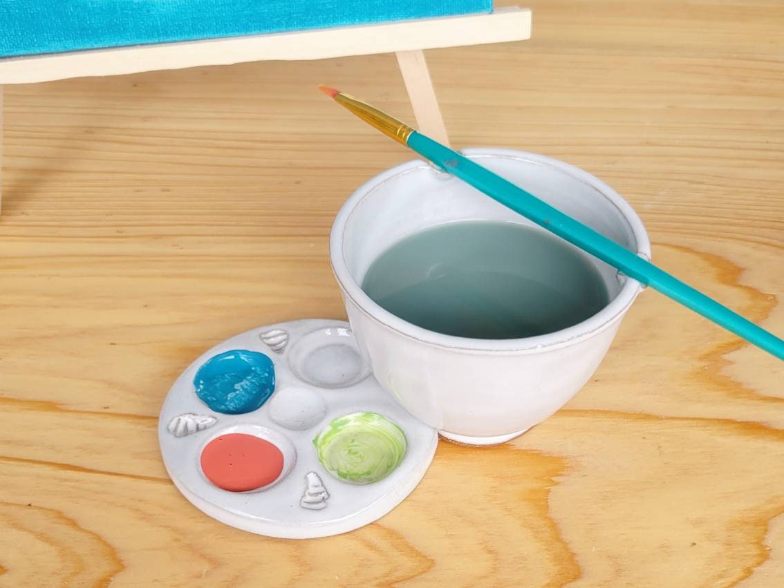 Palm Palette and Watercolor Bowl 2pc Set Painting Watercolor rest stand for painters rinse White