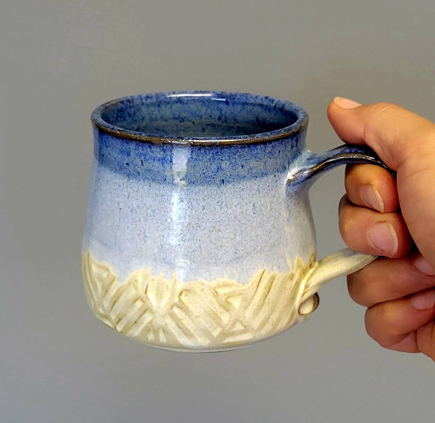 Morning Coffee Mug Geometric Texture in Rustic Farmhouse Style - Handmade Ceramic Pottery Blue Yellow