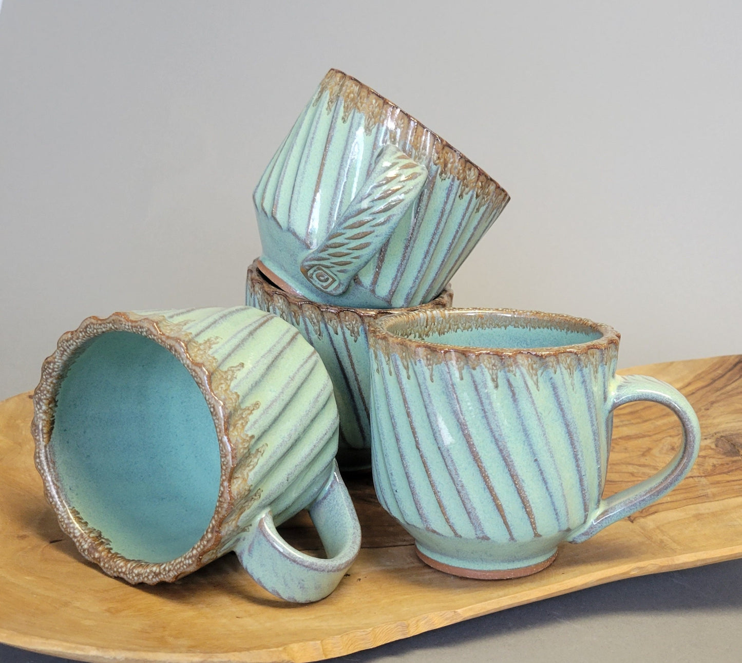 Set of 4 Diagonal Stripe Faceted Coffee Mugs in Green Bronze Drip