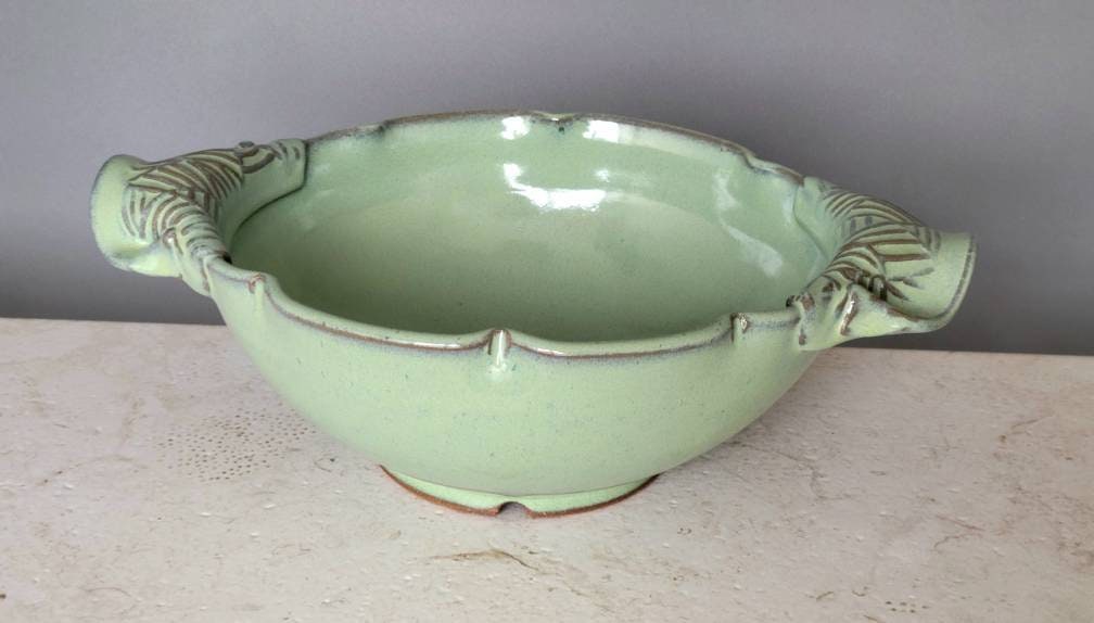 Large Scalloped Serving Bowl with Geometric Textured Handles Green
