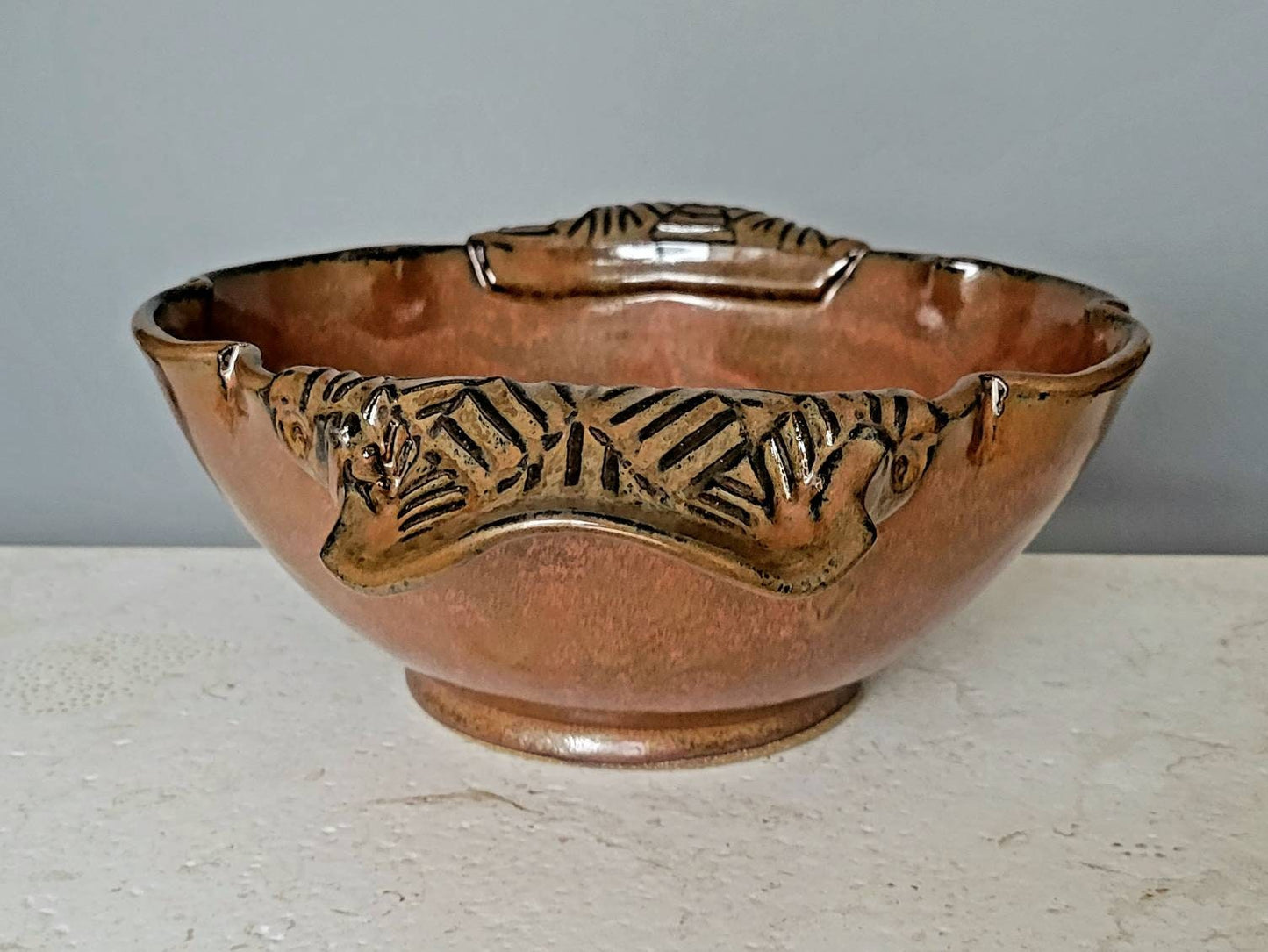 Large Scalloped Serving Bowl with Geometric Textured Handles Rust