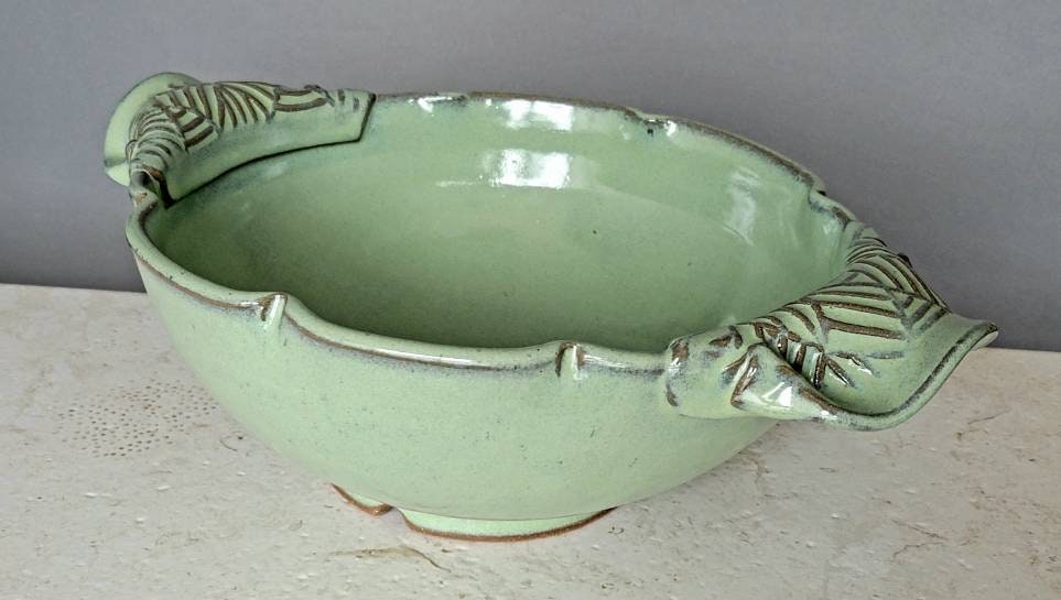 Large Scalloped Serving Bowl with Geometric Textured Handles Green
