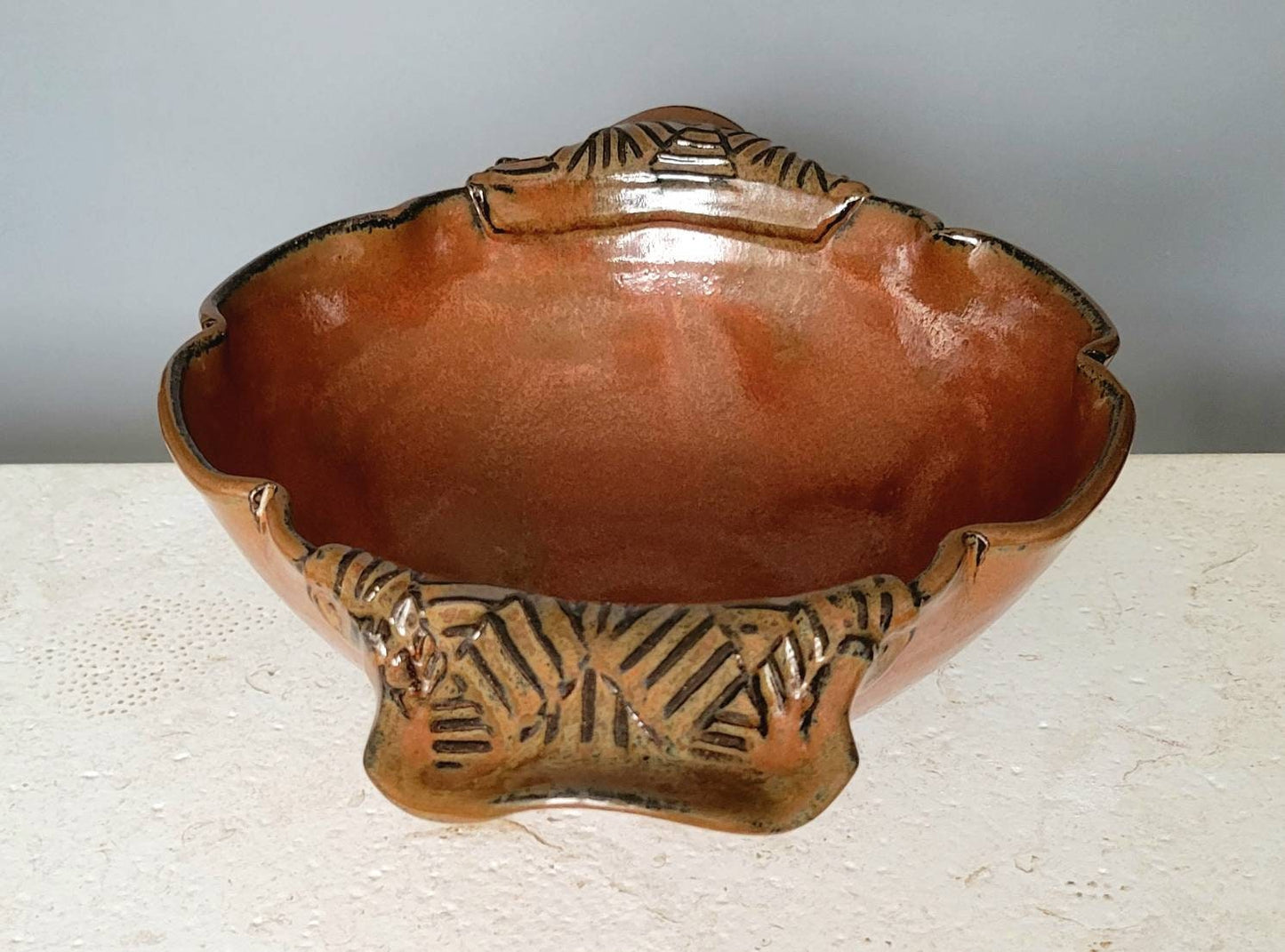 Large Scalloped Serving Bowl with Geometric Textured Handles Rust