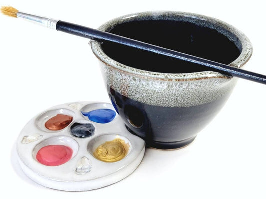 Palm Palette and Watercolor Bowl 2pc Set Painting Watercolor rest stand for painters rinse Glossy Black Speckled White