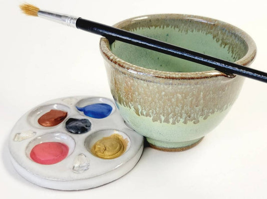 Palm Palette and Watercolor Bowl 2pc Set Painting Watercolor rest stand for painters rinse Green Bronze Drip