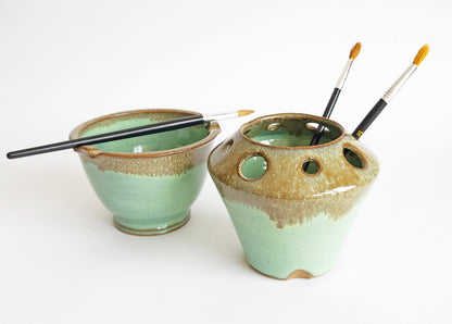 Painting Watercolor 2pc Set Bowl and Brush Caddy rest stand for painters rinse Green Bronze Drip