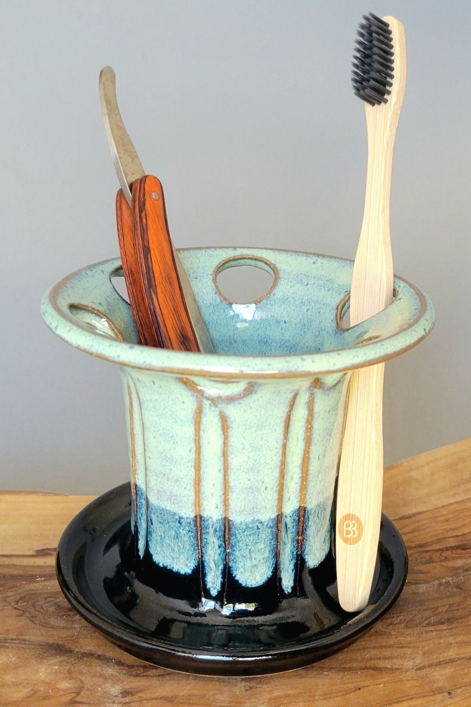 succulent toothbrush holder Ceramic Toothbrush & Razor Holder – Green Black