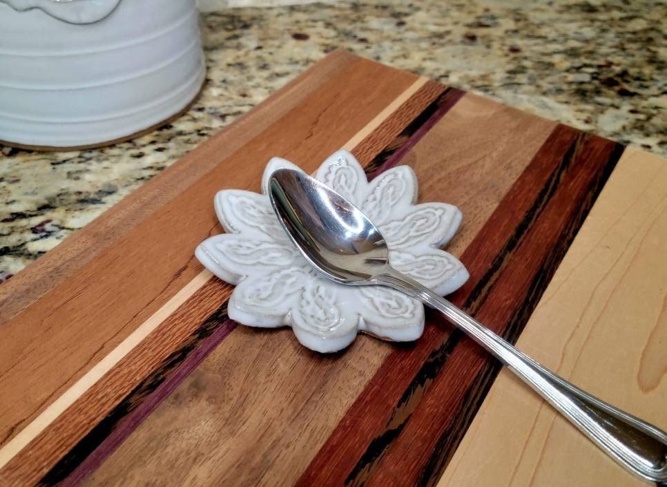Mini Flower Teaspoon Holder for Coffee and Tea Station - Miniature Spoon Rest in Farmhouse White