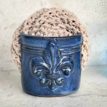 Fleur De Lis Sponge Holder Handmade Ceramic Pottery Denim Blue Glaze