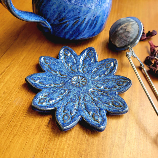 Flower Shaped Teaspoon Rest for Coffee Bar - Mini Ceramic Pottery Decor - Miniature Tea Bag Holder in Denim Blue