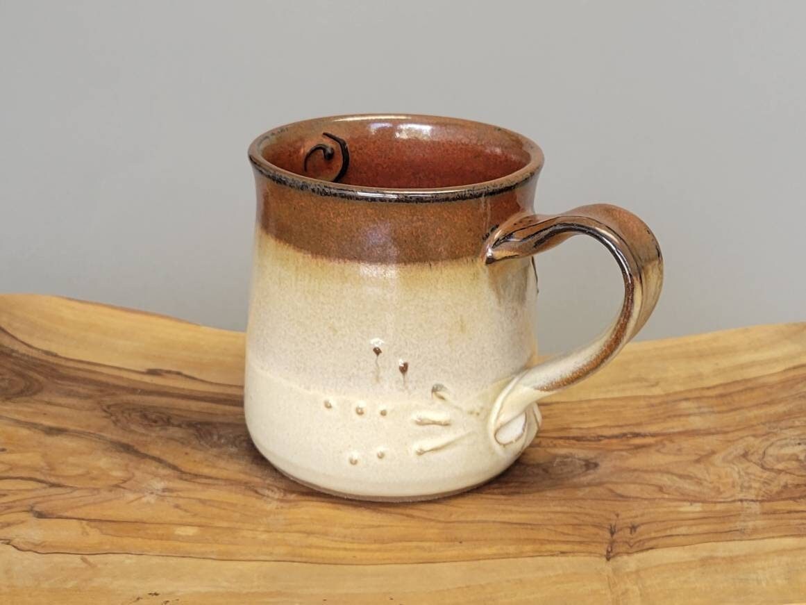 Handmade Pottery Coffee Mug in Rustic Earthtones - Farmhouse Style Sunset Rust Red Brown Butter Cream