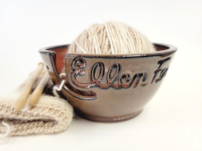 Personalized Custom Print Name Yarn Bowl Rust Red Crochet Customized Ceramic Pottery Holder Knit Gifts for Knitting Circle MADE TO ORDER