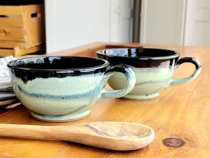 Soup and Chili Bowls with Handles - Large Chowder Mugs with Tall Sides for Stew in Black Green Speckles