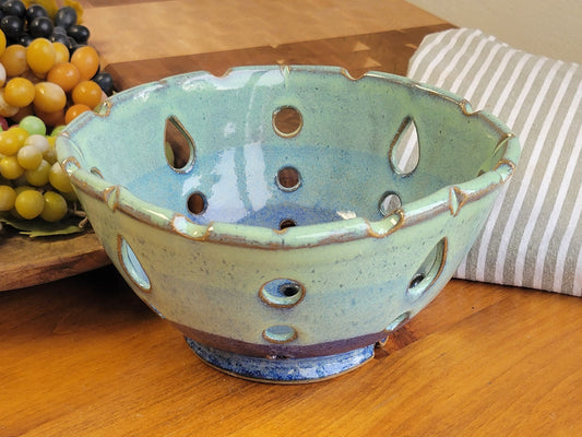 Squared Ceramic Berry Colander Rinse Bowl - Handmade Pottery Strainer Basket for Washing Fruit in Sink Green Blue