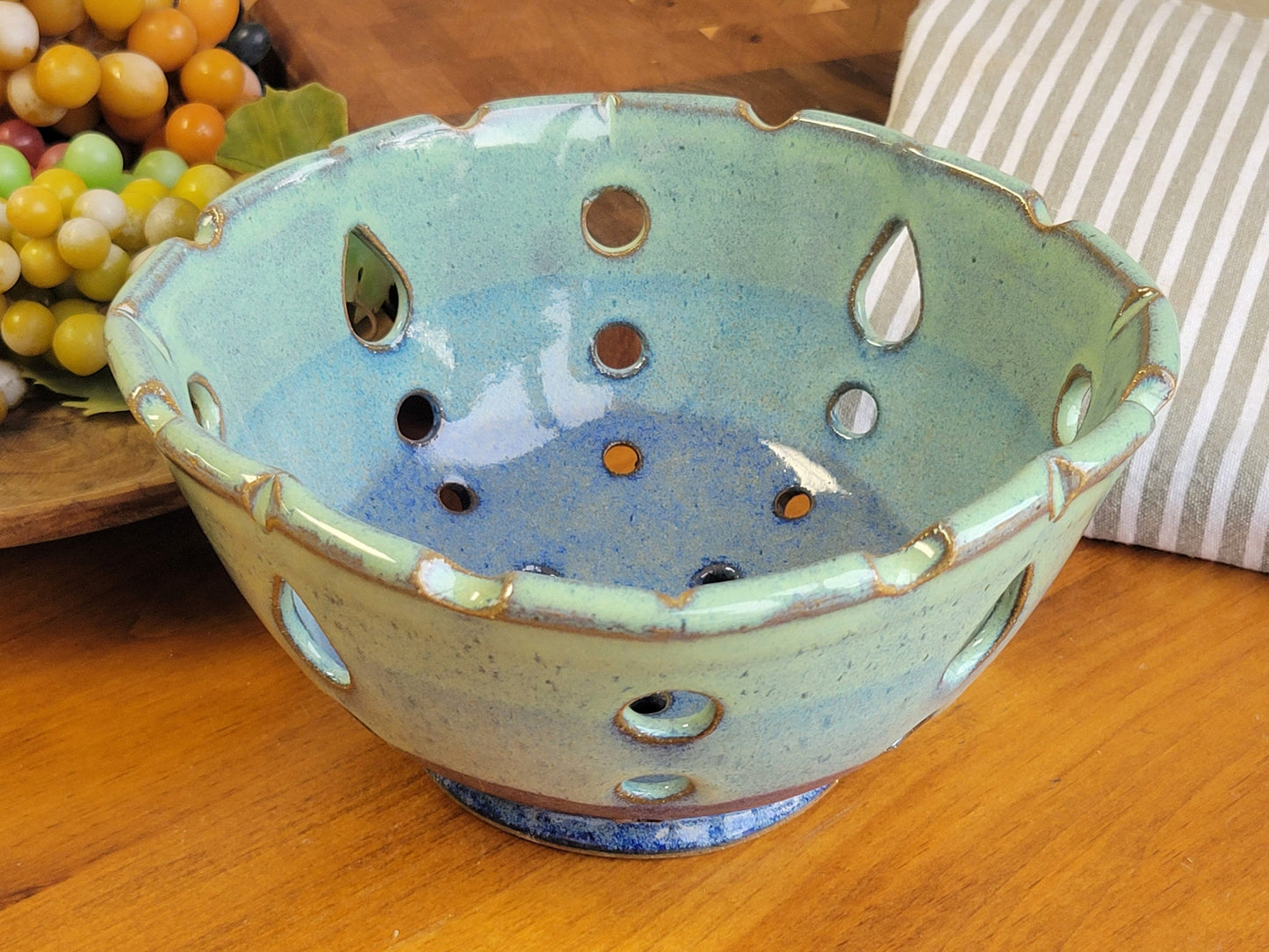 Squared Ceramic Berry Colander Rinse Bowl - Handmade Pottery Strainer Basket for Washing Fruit in Sink Green Blue