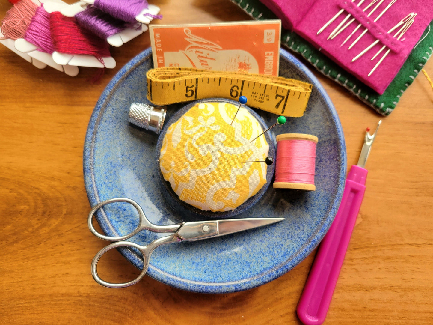 Sewing Pincushion and Notions Holder Yellow Blue