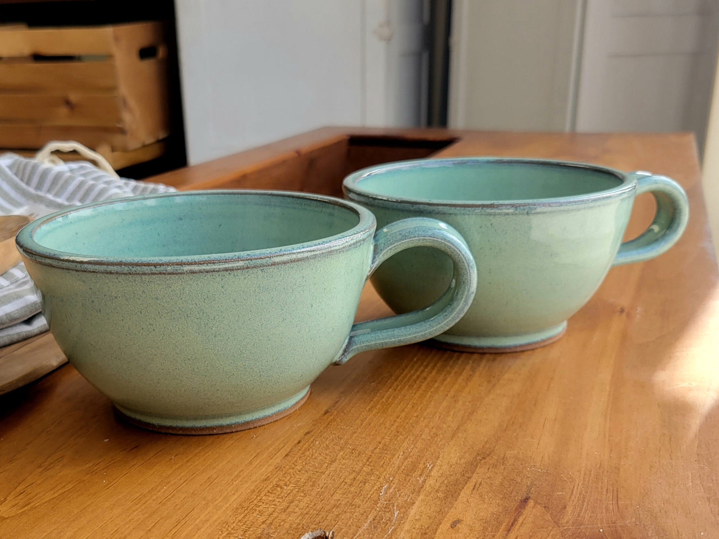 Soup and Cereal Bowls Set of 2 Handmade Pottery Country Style Handled in Green
