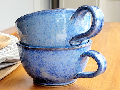Set of 2 Deep Sides Chowder Bowls Soup Cereal Handles Cornflower Blue