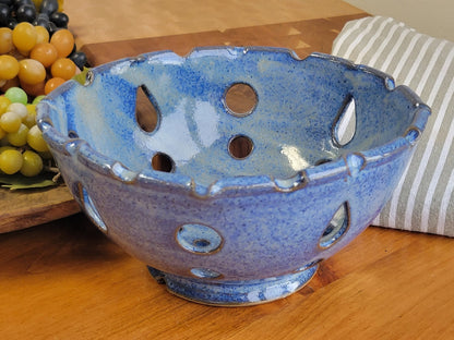 Squared Berry Colander Rinse Bowl Ceramic - Handmade Pottery Strainer Basket for Washing Fruit in Variegated Blue