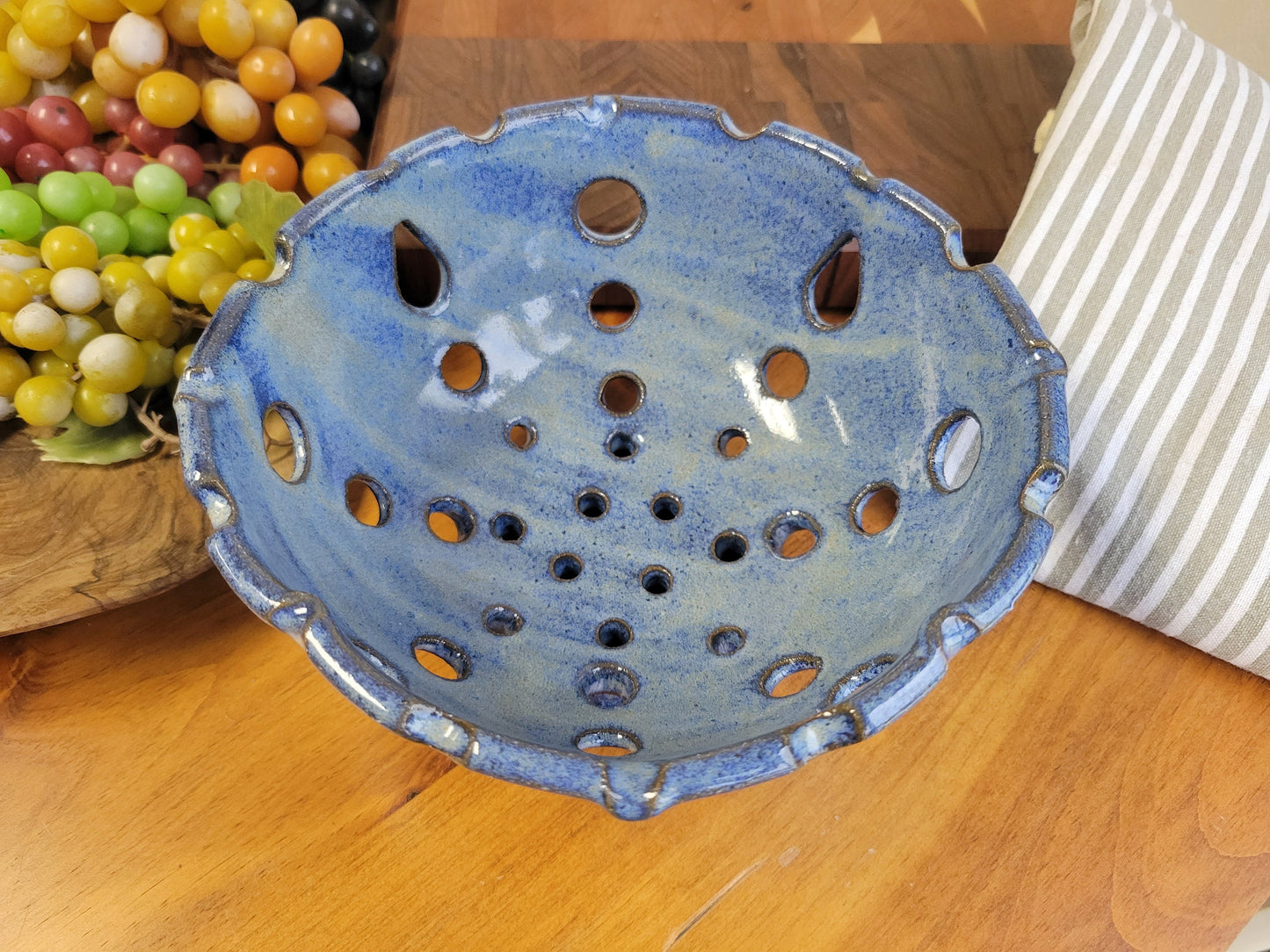 Squared Berry Colander Rinse Bowl Ceramic - Handmade Pottery Strainer Basket for Washing Fruit in Variegated Blue