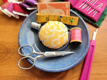 Sewing Pincushion and Notions Holder Yellow Blue