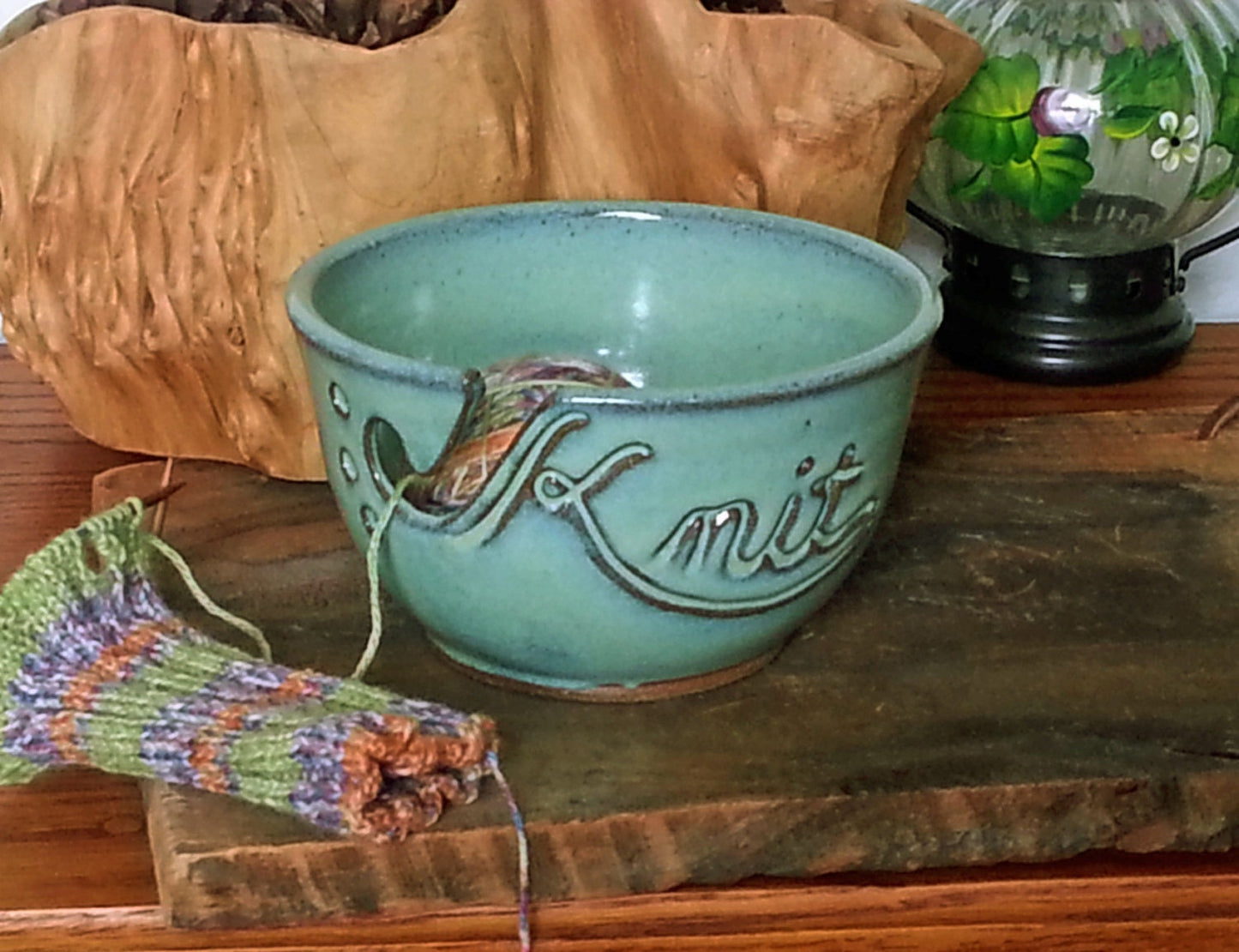 Large KNIT Yarn Bowl with Needle Holes - Hand Made Pottery - Fits Whole Skein Green